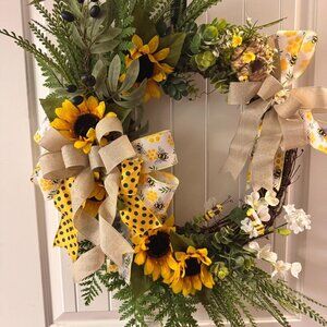 Crafted Everyday Wreath with Sunflowers, Ribbons and Bumble Bees Door Wreath